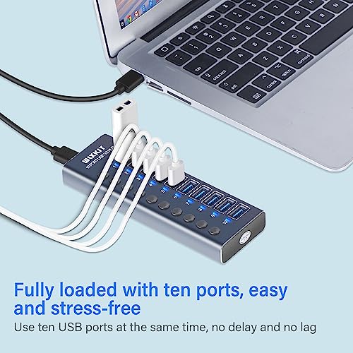Active Usb Hub, Wlxkjy Aluminum 10-Port Usb 3.0 Hub With 10 Usb 3.0 Data Transfer Ports, Usb Splitter With Individual Switch And 60W (12V/5A) Power Adapter #TOP2