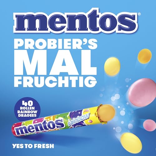 Mentos Rainbow Dragees, Frucht-Bonbons mit Orange, Erdbeer, Apfel, Heidelbeere, Himbeere, Melone & Grapefruit Geschmack, Süßigkeiten Multipack (40 Rollen), vegan 2