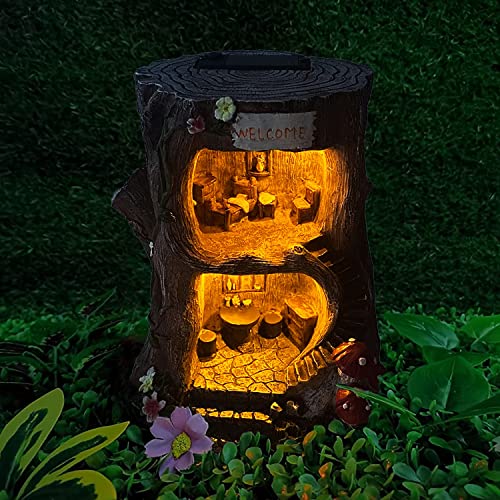 QWEWQE Tree House Solar Statue Outdoor Garden Statue with Solar Lights Fairy Tree House Indoor Outdoor Art Decoration Sculpture Lawn Ornaments for Patio Yard Outside Decorations