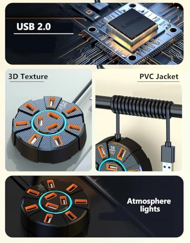 Image of 10 Port USB 2.0 HUB with Power /Data Port, 5gbps Hi-Speed Data Transfer, Plug and Play, USB Charging Docking Station Gaming Hub for Laptop, Computer (Round)