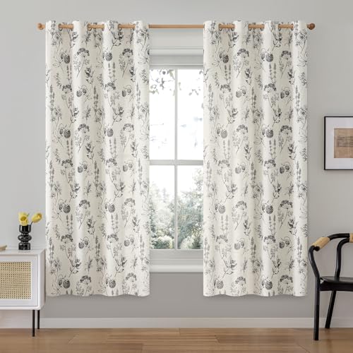 Image of FMFUNCTEX Linen Curtains Floral Patterned Curtain for Bedroom Living Room, Black Curtains 63 Inch Length Farmhouse, Light Filtering Beige Window Curtain Grommet Top 2 Panels Set