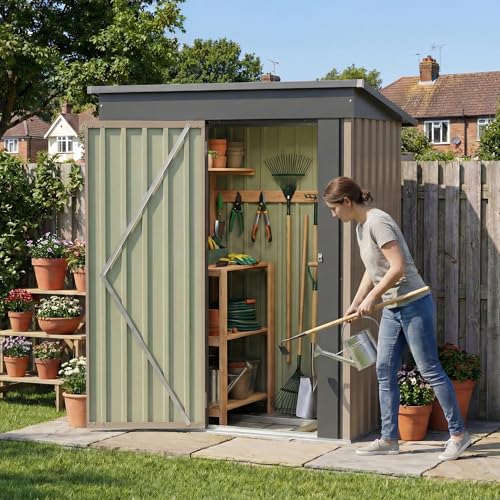 Image of Devoko 5 x 3 FT Storage Sheds with Floor Frame, Waterproof Garden Tool Shed with Lockable Door, Outdoor Metal Small Shed for Backyard Patio Lawn, Brown