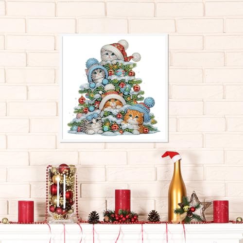Image of 5D Special Shape Diamond Art Kits for Beginners, Diamond Art Painting Kits for Adults, Crystal Rhinestones Diamond Painting for Home Wall Christmas Decoration Gift 12x12 inch, Christmas Tree and Cats