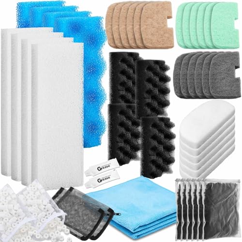 Threlaco 50 Pcs Filter Media Compatible with Fluval 206/207 Canister Filter Maintenance & Replacement Kit Bio-Based Sponge Activated Carbon Ceramic Rings Microfiber Rags Mesh Bags Silicone Lube