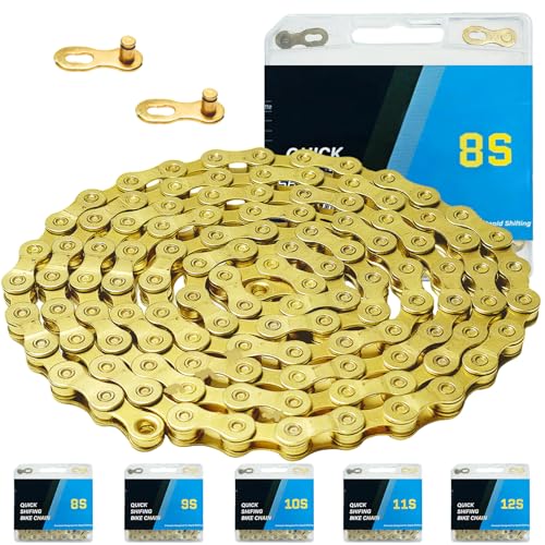 6/7/8/9/10/11/12 Speed Bike Chain High-Strength Durable & Smooth-Shifting for Road/Mountain Bikes (Gold-6/7/8-Speed)