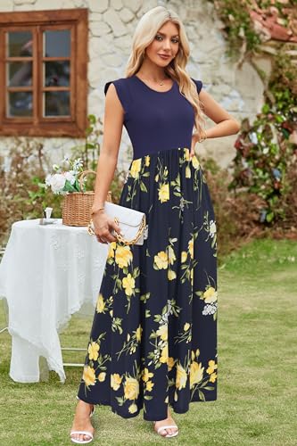 Image of OUGES Women's Maternity Dress Summer Ruffle Sleeve Patchwork Casual Flowy Maxi Dresses with Pockets