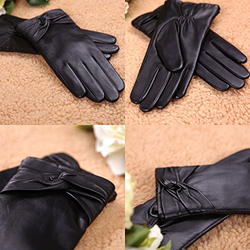 Warmen Women's Lambskin Leather Cold Weather Gloves with Crossing Bow (7, Black (Touchscreen Function/Wool Lining)) - Thumbnail 3