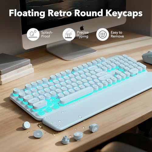 Image of Wireless Keyboard and Mouse Combo, Backlit Round Keycaps, Retro Typewriter Keyboard with Detachable Wrist Rest, Rechargeable & Tilt Legs, 2.4GHz Cordless Connection for Windows /PC (Glowing Blue)