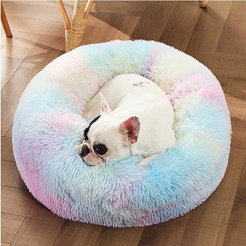 Image of Bedsure Calming Dog Bed for Small Dogs - Donut Washable Small Pet Bed, Round Anti-Slip Fluffy Plush Faux Fur Large Cat Bed, Fits up to 25 lbs Pets, Multi-Colored, 23 inches
