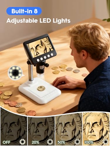 Image of Coin Microscope, 4.3 inch LCD USB Digital 1000X 1080P Coin Magnifier | 8 Adjustable LED Lights, PC View Compatible with Windows /MacBook for Adults Kids