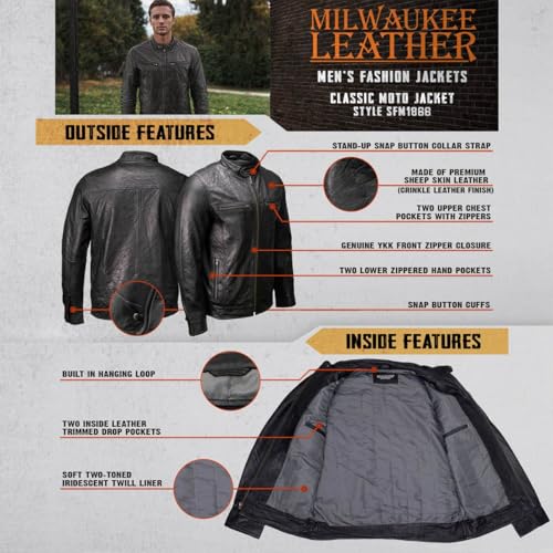 Milwaukee Leather SFM1866 Men's Classic Black Premium Leather Motorcycle Style Jacket with Zipper Front2