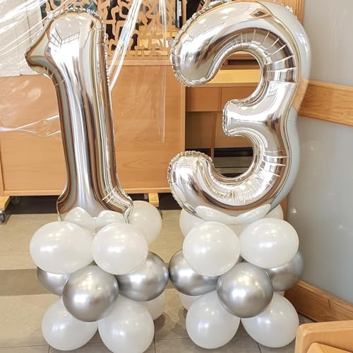 Image of Silver Number 13 Balloon 40 inch, 13 Number Balloons, 13th Silver Birthday Decorations, 13 Year Old Silver Party Supplies