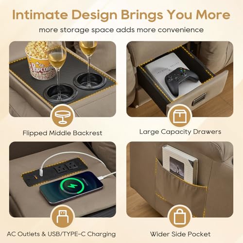 Image of IPKIG 67 inch RV Loveseat Double Recliner Sofa with FILP Back Console, Storage Drawer, Side Pockets, Lychee Pattern Tech Fabric Manual Reclining Chair Home Theater Seating (Khaki)