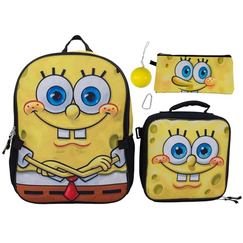 AI ACCESSORY INNOVATIONS Sponge Bob 5 PC Backpack Set Girls & Boys Big Face School Bag 16 with Front Zip Pocket