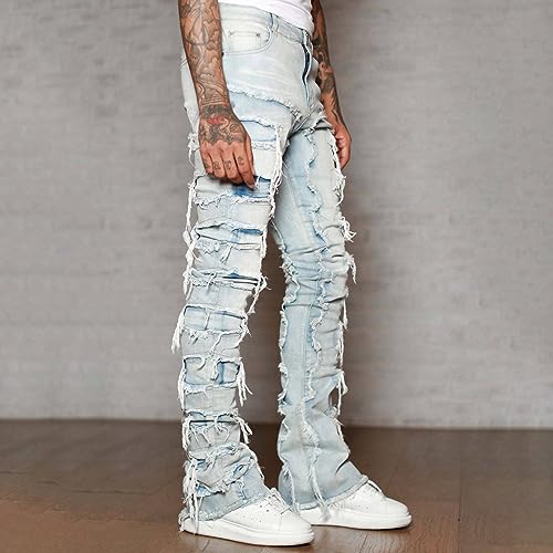 Conshvi Men's Ripped Mid Rise Stretch Stacked Jeans Distressed Patchwork Slim Fit Raw Hem Flare Denim Pants3