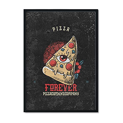 Nacnic Lámina Pizza. Pósters con modernos diseños estilo tatuaje sobre fondo oscuro. Decoración de interiores. Tamaño A3.