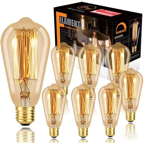 KOOYWAN Vintage Edison Light Bulb 60W Dimmable Incandescent 2000K Warm White E27 Screw Cap ST64 Teardrop Squirrel Cage Style Amber Glass 310 Lumens-Pack of 8 Cover