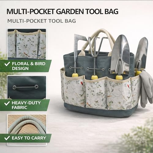 11-Piece Stainless Steel Gardening Tool Set with Floral Tote Bag - Image 2