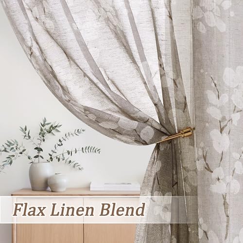 Image of FMFUNCTEX Linen Sheer Blossom Floral Print Curtains Taupe 63 Inch 2 Panels | Rod Pocket Rustic Drapes, Farmhouse Flower Patterned Window Curtain, Light Filtering Privacy for Living Room and Bedroom
