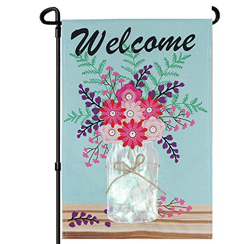 FRF Garden Flag, Welcome Home Banner, Double Sided Mason Jar Linen Flags For Outdoor, Home , Yard ,Decorationï¼ˆ12.5 x 18 Inches, 3D Flowers )