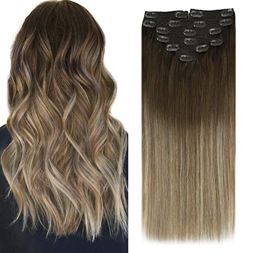 VeSunny 22" Balayage Clip in Hair Extensions Color Darker Brown Fading to Light Brown Highlight Blonde Clip in Hair Extensions Human Hair Balayage 7pcs 120G