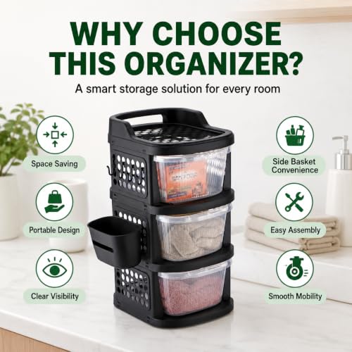 Image of Homeor 3 Tier Plastic Storage Drawer Cabinet with Wheels, Modular Chest of Drawers Organizer with Side Basket & Handle, Storage Trolley Rack for Home, Kitchen, Bedroom, Kids Room (Black Transparent)