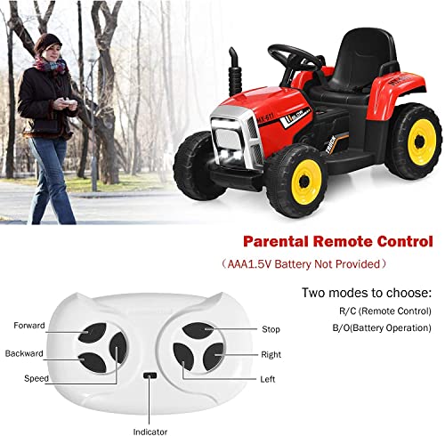 Image of Costzon Ride on Tractor with Detachable Trailer, Kids' Electric Vehicles w /3-Gear-Shift Ground Loader, Wireless Design & USB, 7 LED Headlights, Remote Control Tractor Toy for Kids 3+ (12V, Red)