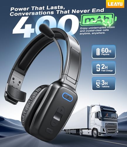Image of Bluetooth Headset, 60hrs AI Noise Canceling V5.2 Over Head Headphones, Single Ear Trucker Wireless Headset with Mic, Mute Button, Multipoint, for Phones PC Computer Truck Driver Office Work - Black