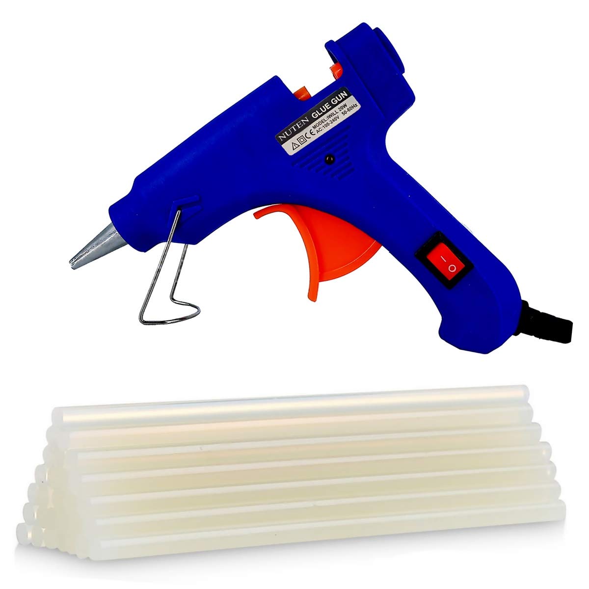 NUTEN 20 Watt 7Mm Hot Melt Glue Gun With On Off Switch And Led Indicator Free 10 Transparent Glue Sticks (Blue 10 Glue Sticks)
