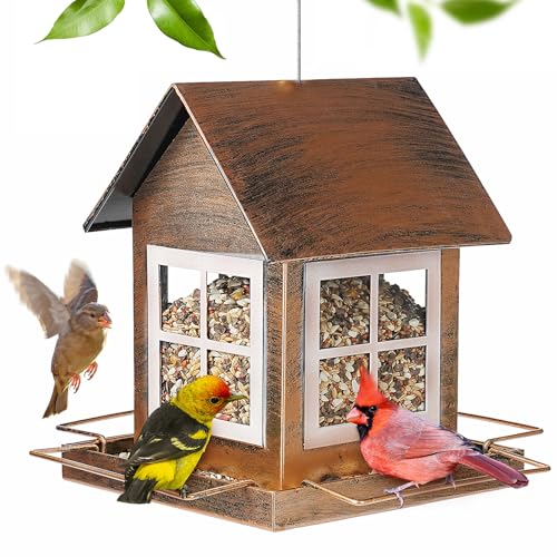 IWNTWY Bird Feeders, Heavy Duty Metal Bird Feeder for Outdoors Hanging, Weatherproof Large Capacity Wild Birdfeeder for Outside Garden Yard, Country House Shape