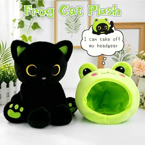 Image of Frog Plush Toy, Cute Black Cat Plush with Removable Frog Hat, 8 inch Soft Plushie Cute Stuffed Animal Pillow for Kids, Birthday Gift for Boys and Girls and Adults