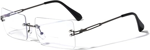 V.W.E. Gafas de lectura bifocales de metal sin montura para hombre, con bloqueo azul, rectangulares, transparentes, protección UV