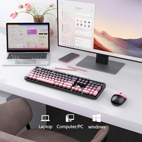Image of MOFII Wireless Keyboard and Mouse Combo, 2.4 GHz Full-Size Retro Round Keyboard and Mouse, Plug and Play, 8 Multimedia & Shortcut Keys for Mac, Windows, Laptop /Desktop /PC - Pink Gradient