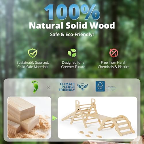 Image of BlueWood 10-in-1 Pikler Triangle Set, Toddler Climbing Toys Indoor, Montessori Climber, Baby Jungle Gyms with Arch, Extra Rope Ladder & Footprint Balance Beam - Natural Rustic