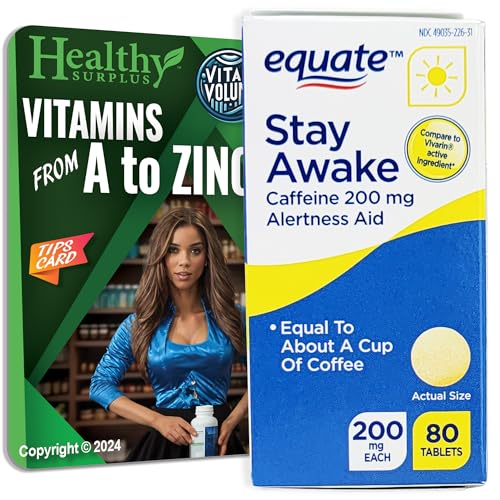 Healthy Surplus Equate Stay Awake - 200 mg Caffeine - 80 Tablets and Vital Volumes Tips Card