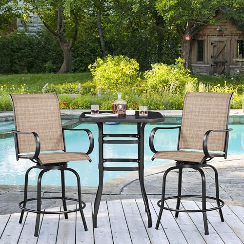 Yaheetech 3Pcs Outdoor Patio Bar Stools Set, Swivel Bistro Chairs with High Back and Armrest and 40.5" Height Metal Square Table All Weather Furniture Set for Cafes Yard Lawn and Garden
