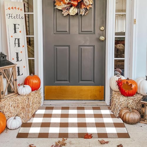 Ckorzen Coffee and White Plaid Rug,28" x 43" Outdoor Front Porch Door Decor Mat, Washable Cotton Woven Farmhouse Area Rug for Layered Door Mats Carpet, Entryway, Easter Décor
