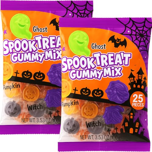 Halloween Spooky Treat Gummy Candy Mix 50 Pcs Individually Wrapped Fruit Flavored Candies - Trick Or Treat Party Favor (25 Pcs Per Bag(3.53 Oz) - 2 Bags