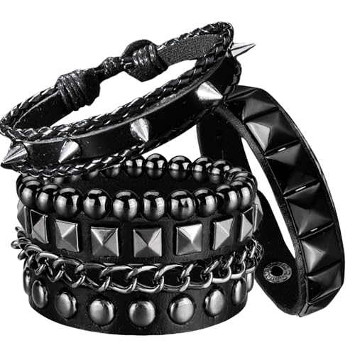4 Pcs Leather Punk Rock Studded Bracelets Set for Men and Women 80s Adjustable Spike Cuff and Retro Emo Jewelry Accessories