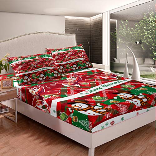 Tbrand Lindo juego de ropa de cama con diseño de muñeco de nieve de dibujos animados para niños, niños, niñas, rojo, verde, cuadrícula a cuadros, sábana bajera ajustable, regalo de Navidad, cubierta