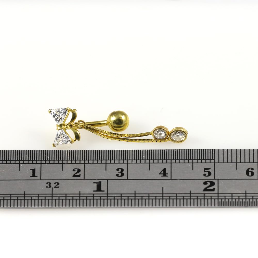 Piercing para ombligo de oro amarillo macizo de 14 quilates con circonita cúbica y cadena colgante, barra inversa para ombligo, joyería para ombligo de 14 quilates, calibre 14, 14 Gauge