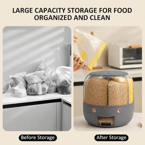 Image of proxin 6 Grid Rotating Rice Dispenser Container Airtight Multi Grain Storage Box Kitchen Food Storage Container for Rice Dal Pulses Cereal Dry Food Storage Organizer (Grey)