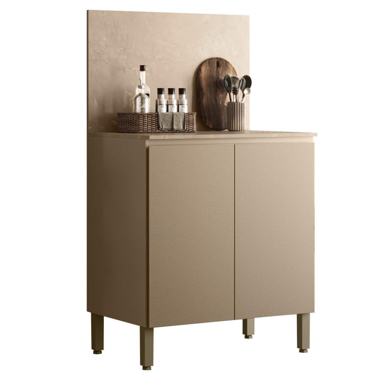 ACTUAL DIFFUSION Meuble de Cuisine Bas 2 Portes 2 Niches Taupe et Crédence Marbre L 80 H 91.5 P 53.3 cm