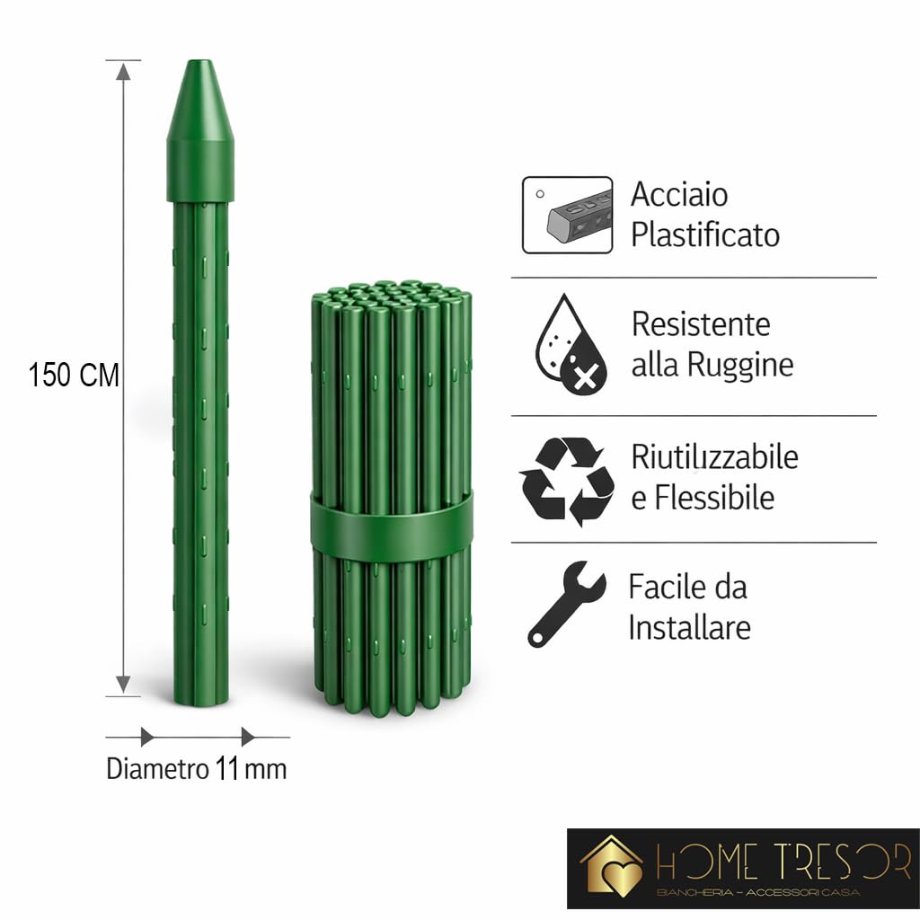 Set 25 Paletti per Piante Rampicanti e Pomodori in Acciaio Plastificato Bastoncini Supporto Resistenti per Orto Giardino Pali Tutori Sostegno Antiruggine Cetrioli Fiori Verdure Piante (150 cm x 11 mm)