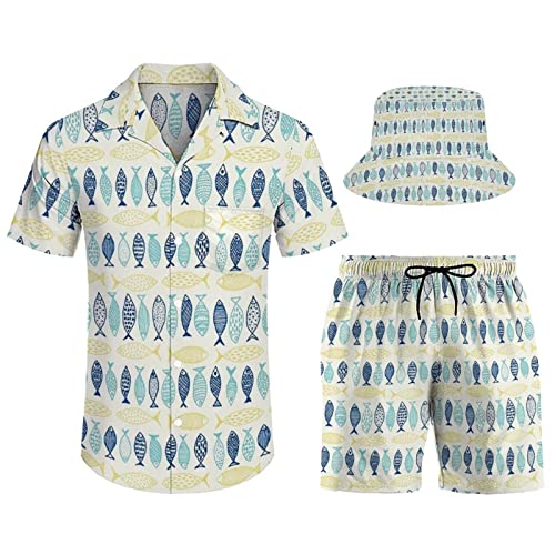SBKGBIEHG 3-teiliges Herren-Hemd-Anzug-Outfit-Set, Strandhemd und Shorts mit Eimerhüten, fisch, L