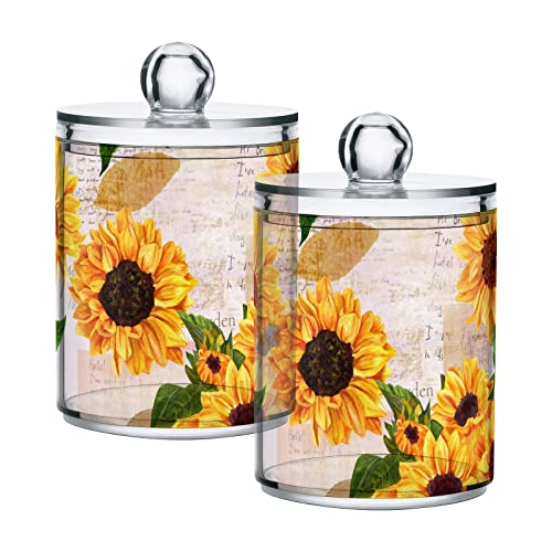 JUMBEAR 2 Pack Sunflower Qtip Holder Dispenser with Lid 14 oz Clear Plastic Apothecary Jar Set for Bathroom Vanity Organizers Storage Containers