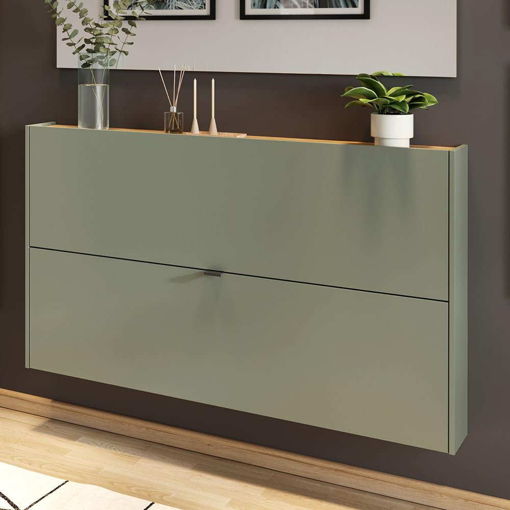 Lomadox Schuhschrank Flurschrank 140 cm – Grün mit Navarra Eiche-Dekor, ideal für schmale Flure