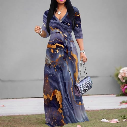 Image of PinkPatty Women's Print Maxi Dresses 3 /4 Sleeve Flowy Long Dress V Neck Wrap Tie Waist Sundress