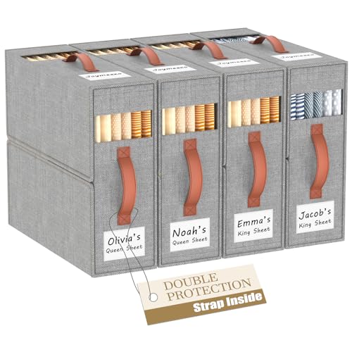 4 Pack Bed Sheet Organizers and Storage(King &Queen Size) with an Elastic Strap, Foldable Closet Linen Sheet Storage Container, Sheet Set Box for Blankets, Duvet Covers and Pillowcase, Grey