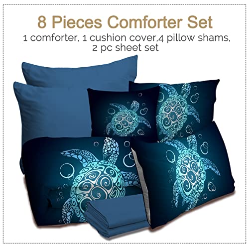 BlessLiving Turtle Comforter Set Sea Turtle Bedding Teal Turquoise Queen Size Bed-in-A-Bag 8-Piece Beach Coastal Turtle Comforter Set with Sheets, Shams, Decorative Pillow (Queen) - Image 3